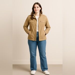 Lands’ End Canvas Utility Field Jacket Tan Zip Front Size L Cotton Nylon